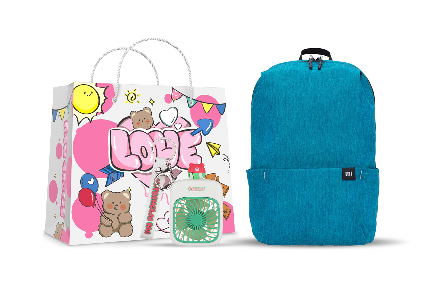 Bright Blue (Cartoon Keychain Fan+Pink LOVE Shopping Bag)