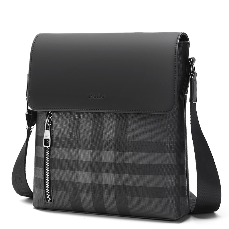 Сумка мужская POLO 043841 клетчатая серого и черного цвета среднего размера