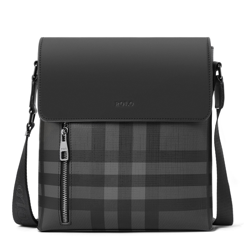 Сумка мужская POLO 043841 клетчатая серого и черного цвета среднего размера