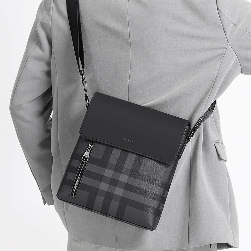 Сумка мужская POLO 043841 клетчатая серого и черного цвета среднего размера