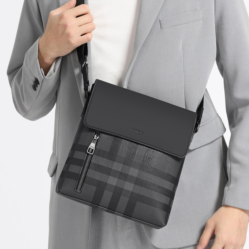 Сумка мужская POLO 043841 клетчатая серого и черного цвета среднего размера