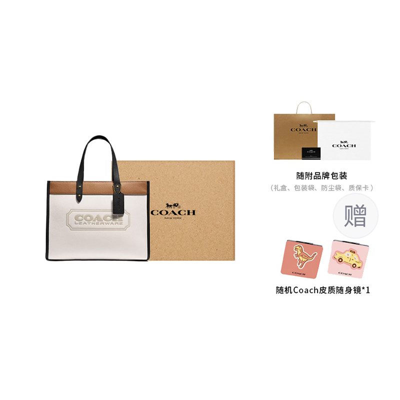 Сумка-тоут женская COACH Field Leather Tote Bag, бежево-черная