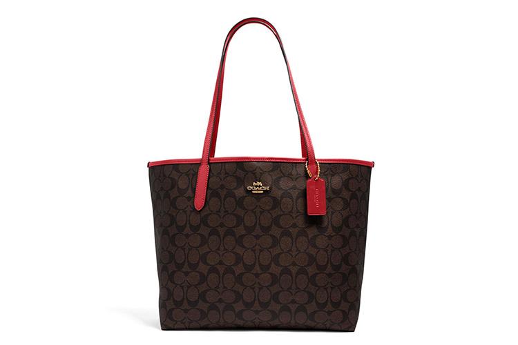 Сумка женская COACH City Canvas With Leather Tote Bag коричнево-красная