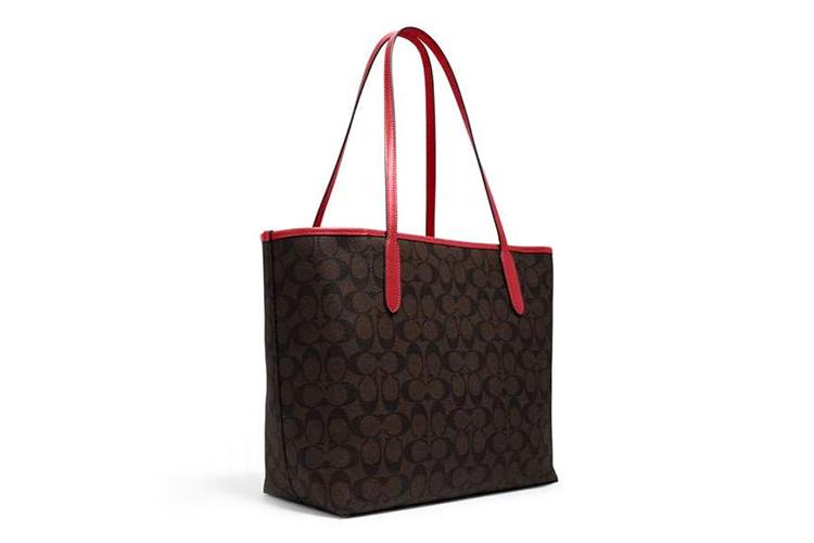 Сумка женская COACH City Canvas With Leather Tote Bag коричнево-красная