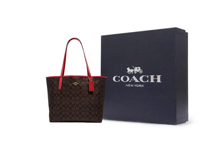 Сумка женская COACH City Canvas With Leather Tote Bag коричнево-красная