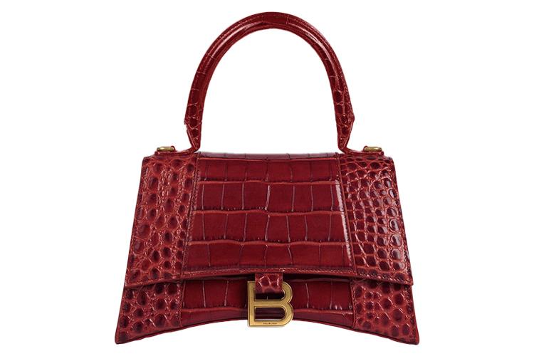 Сумка женская Balenciaga Hourglass Top Handle Bag Small Crocodile Embossed темно-красная