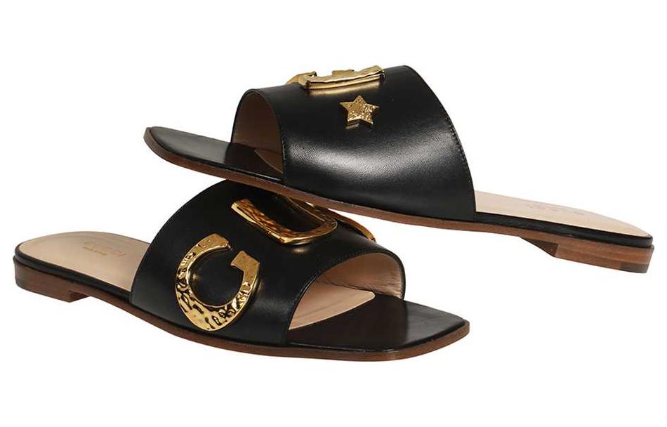 Шлепанцы женские GUCCI 694858 C9D00 1000 черные с золотой отделкой, 35 EU