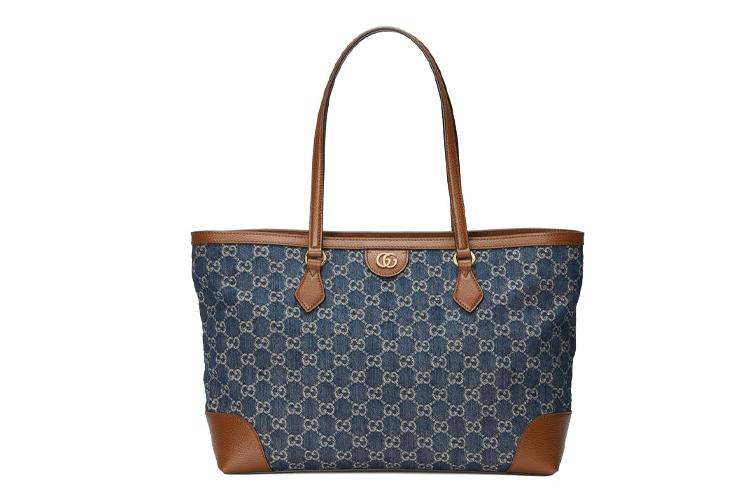 Сумка женская GUCCI Ophidia Denim With Leather Tote Medium серо-голубая/коричневая