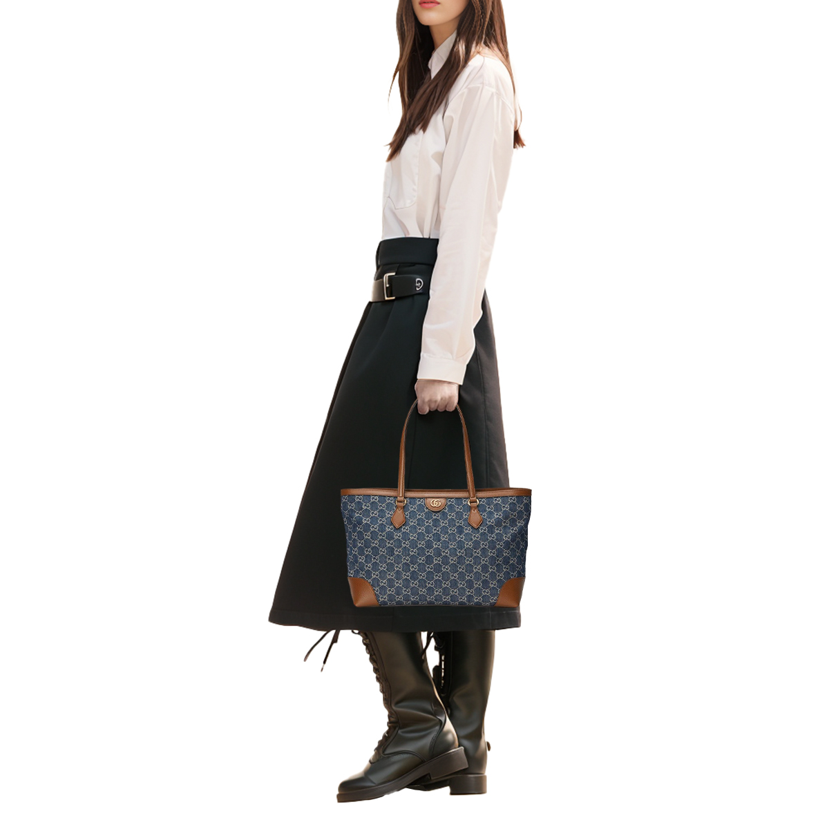 Сумка женская GUCCI Ophidia Denim With Leather Tote Medium серо-голубая/коричневая