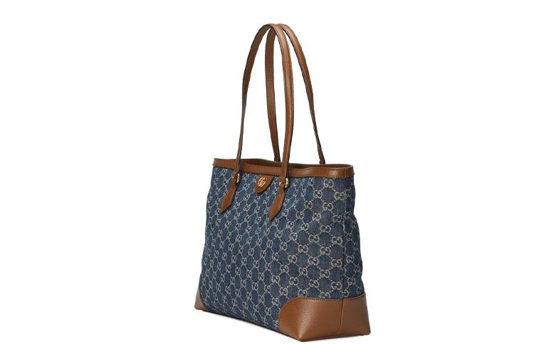 Сумка женская GUCCI Ophidia Denim With Leather Tote Medium серо-голубая/коричневая