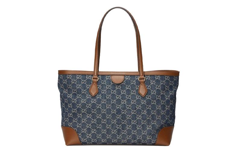 Сумка женская GUCCI Ophidia Denim With Leather Tote Medium серо-голубая/коричневая