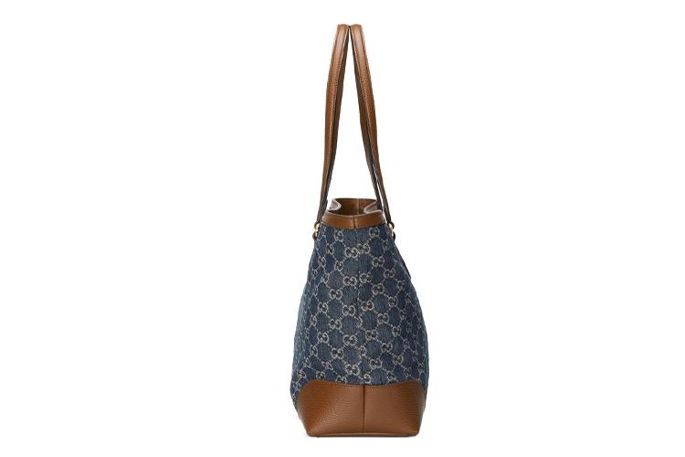 Сумка женская GUCCI Ophidia Denim With Leather Tote Medium серо-голубая/коричневая