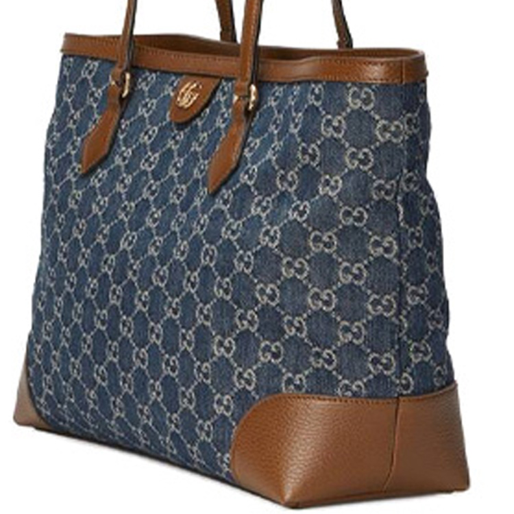 Сумка женская GUCCI Ophidia Denim With Leather Tote Medium серо-голубая/коричневая