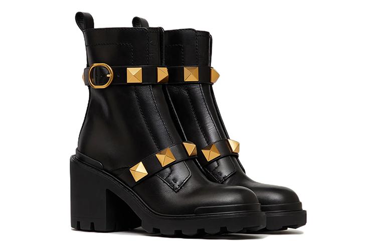 Ботильоны женские Valentino Garavani Roman Stud Almond Toe черные-золотые, 38 EU