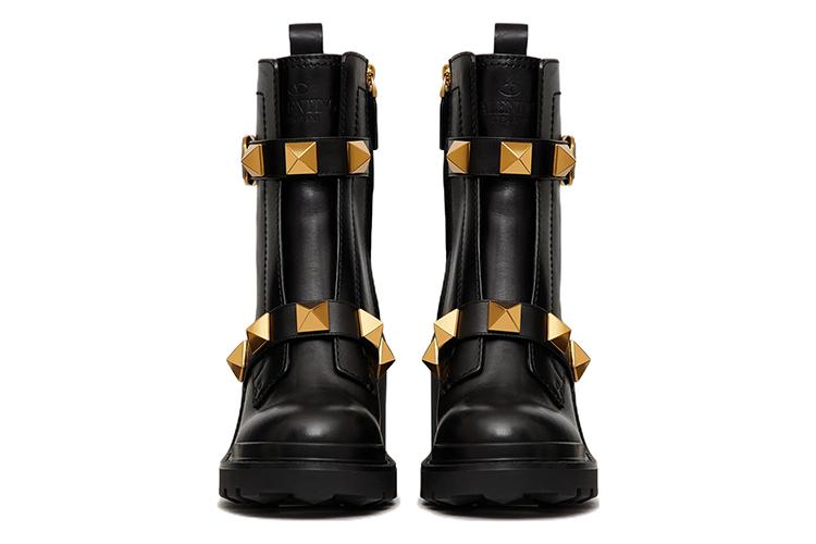 Ботильоны женские Valentino Garavani Roman Stud Almond Toe черные-золотые, 38 EU