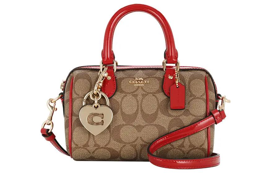 Сумка женская COACH Boston Bag коричневая и красная, Gift Box Set (Basic Set+Yellow Box) EU