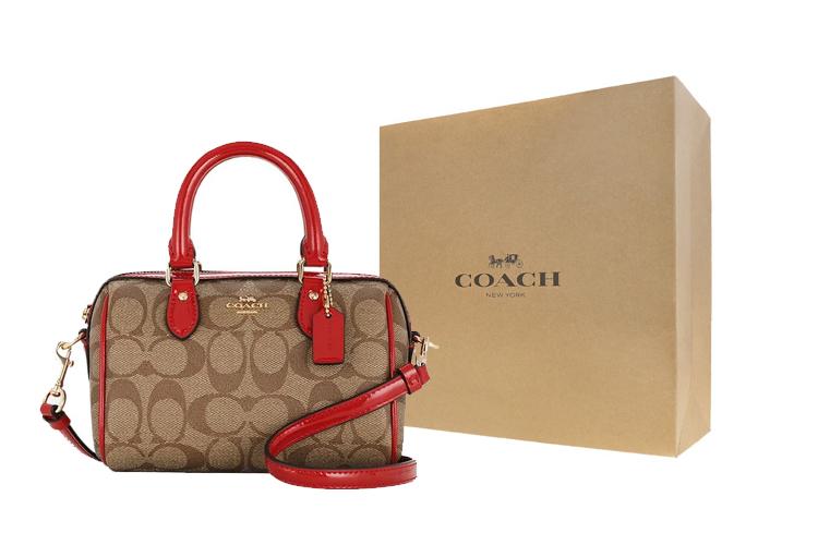 Сумка женская COACH Boston Bag коричневая и красная, Gift Box Set (Basic Set+Yellow Box) EU